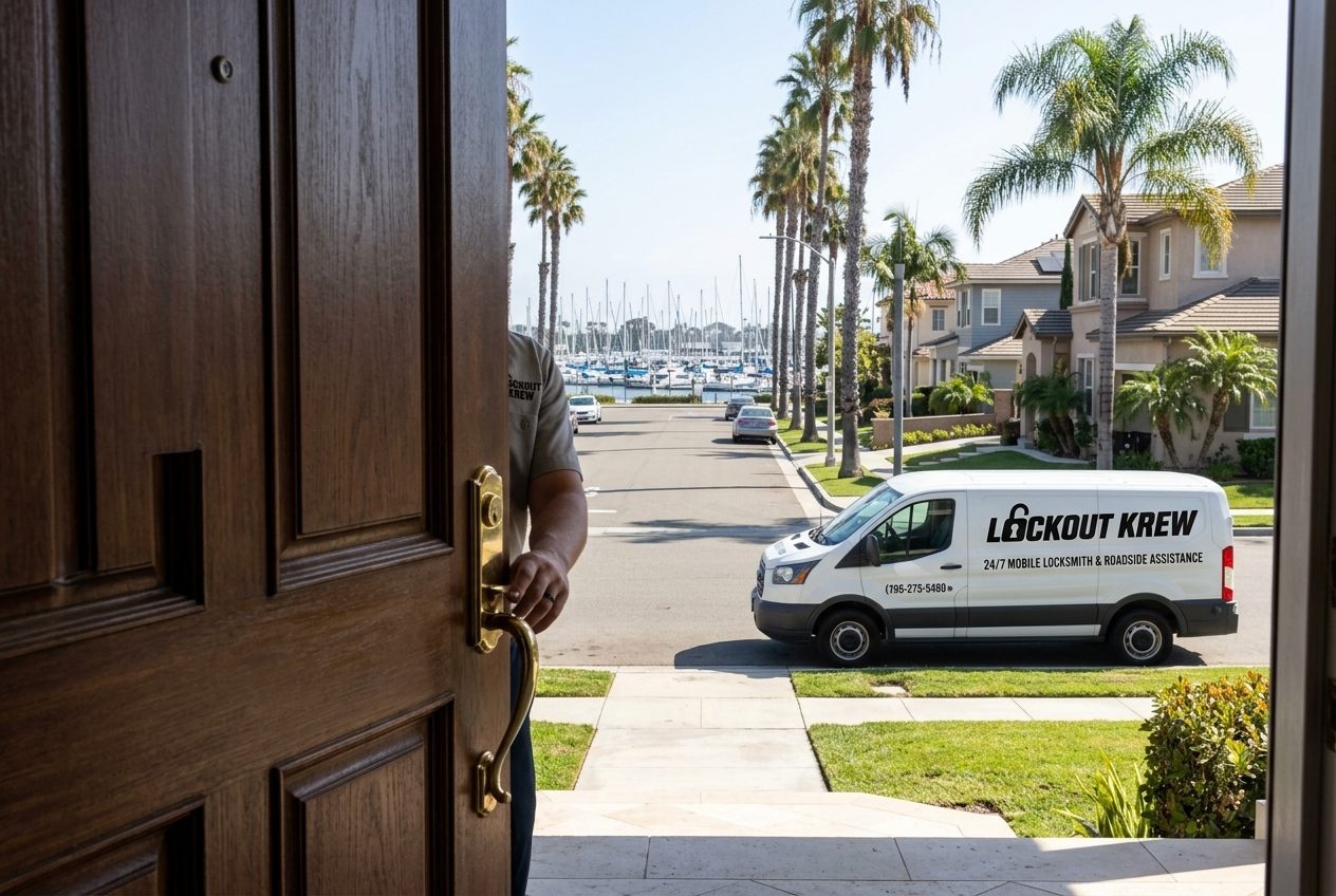 Lockout Krew technician opening a locked car door at night on Third Avenue in Chula Vista